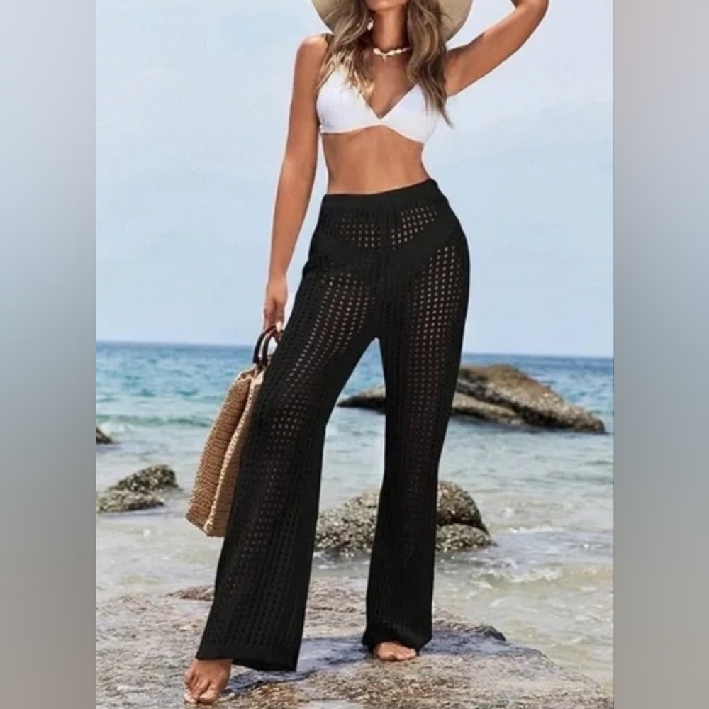 Amiani Black Crochet Beach Coverup Drawstring Waist Wide Leg Pants Misses Large